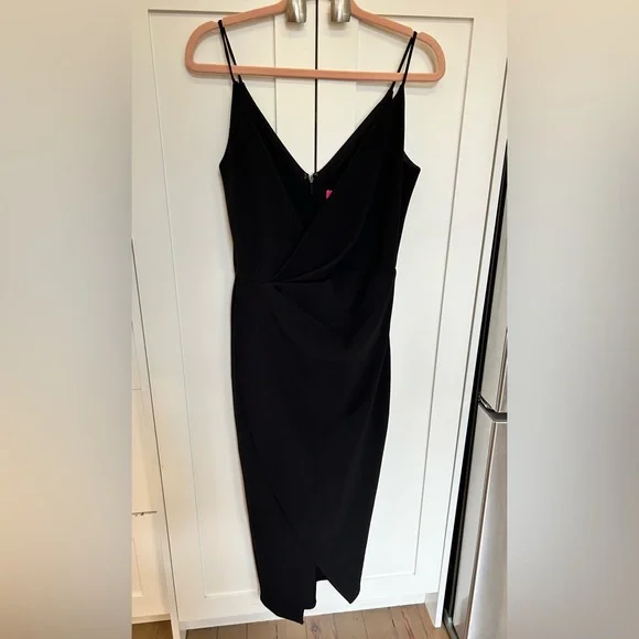 BETSEY JOHNSON Revved up faux wrap tulip hem cocktail party dress black  sz 2 - Picture 2 of 6